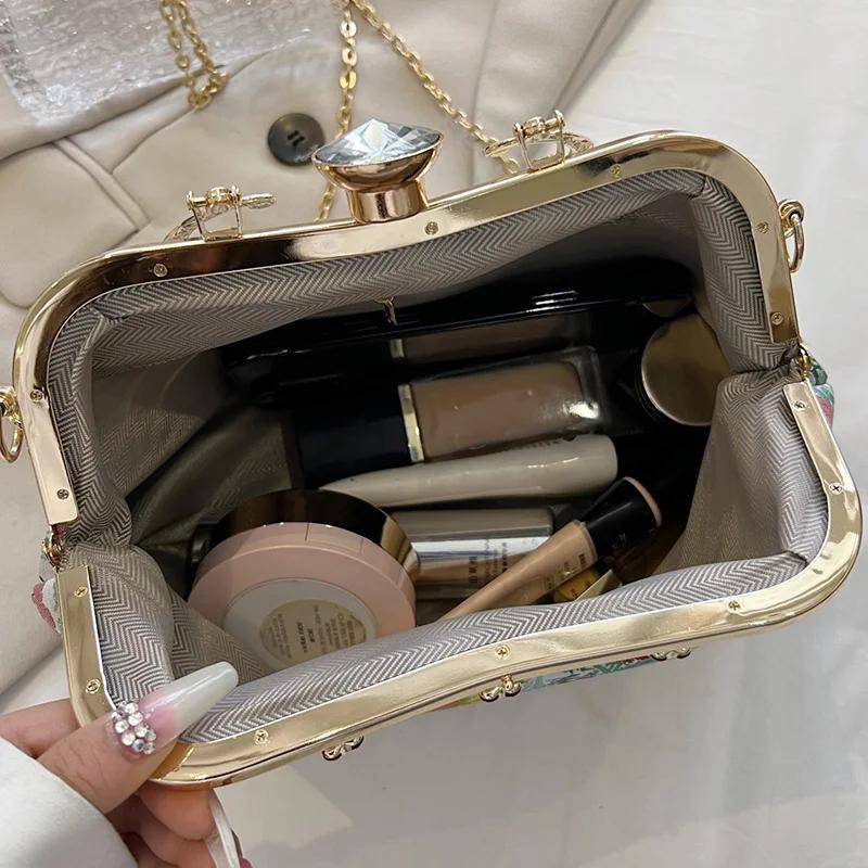Flower Print Clutch for Women Evening Bags Ladies Chain Messenger Bags Crystal Canvas Handbags Fashion