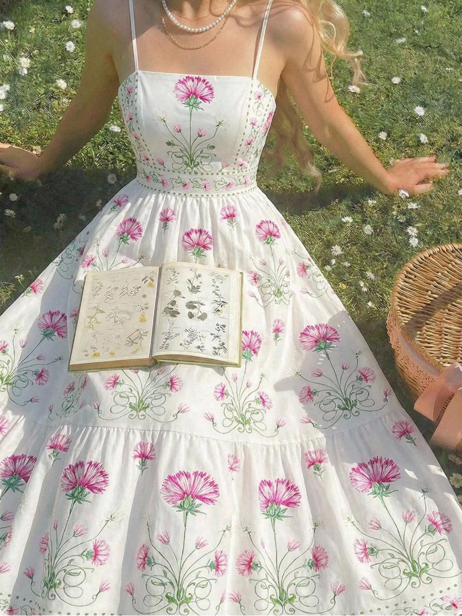2026 new European and American women s clothing, romantic small, fresh and sweet suspender printed waist dress S