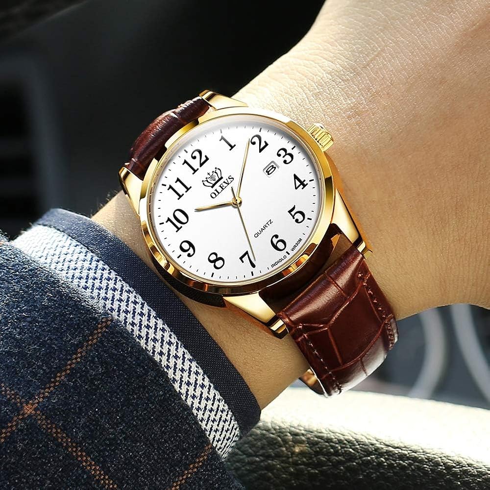 Men's Business Watch Arabic Numerals Leather Band Waterproof Calendar Display Luminous