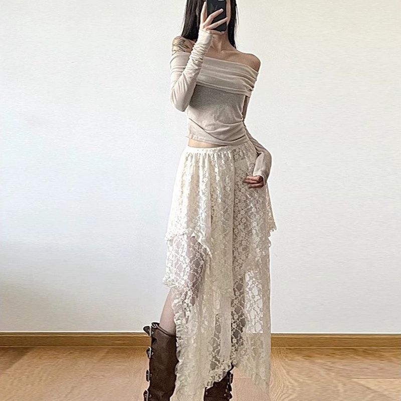 Fustă Asimetrică din Dantelă, Stil Boem, la Modă, cu Talie Înaltă, Nouă, Lungime A-line Irregulară