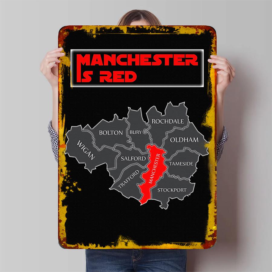Manchester Is Red Custom Metal Wall Art Football Fan Decor Mancunian Area Map Poster