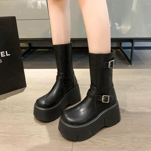 

мода Модные сапоги для женщин Коричневые ретро-сапоги до середины голени с пряжкой на ремне Осень и зима Новые короткие сапоги в стиле вестерн на толстой подошве 39 чёрный