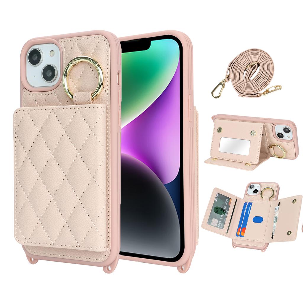For iPhone 14/13 Case with Lanyard/Mirror/Card Holder Grids Pattern RFID Blocking Phone Cover