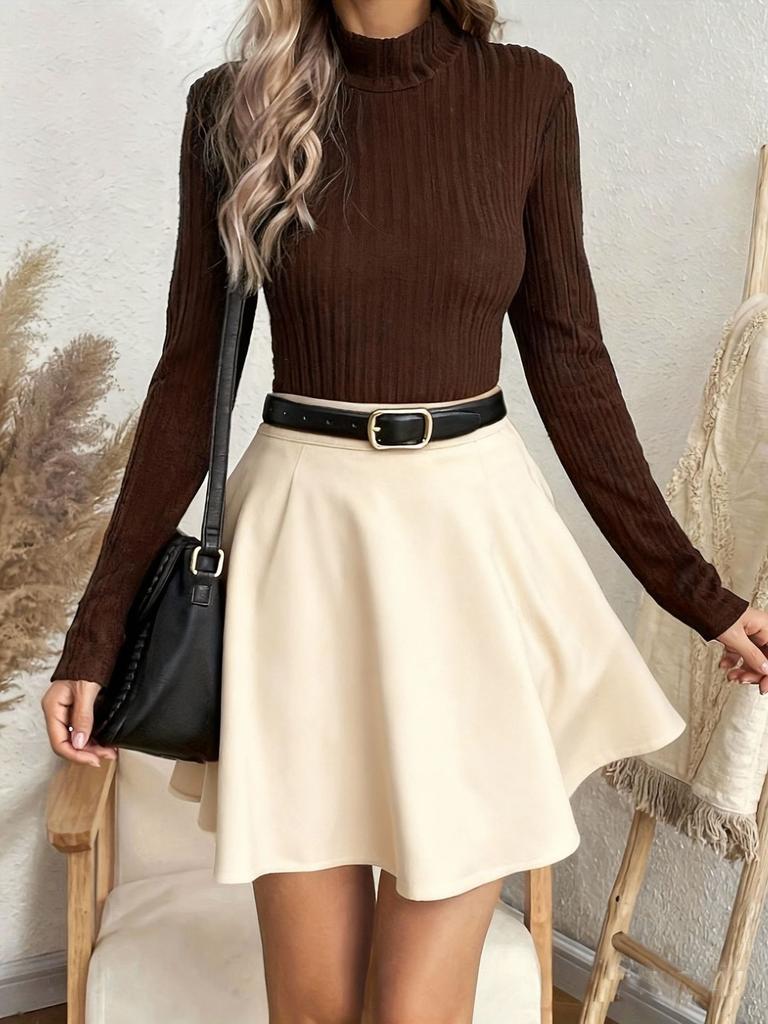 Women's Faux Suede Skirt Casual Irregular Hem Mini Skirt Solid Color Flared Skirt