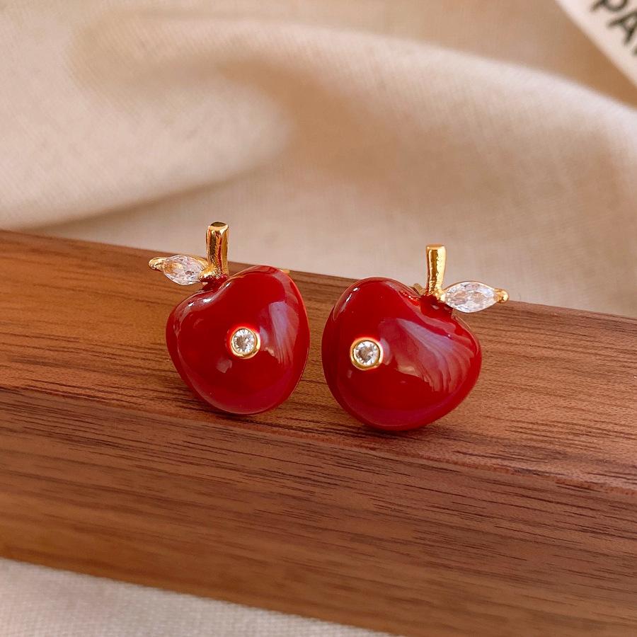 Retro temperament geometric zircon resin cherry stud earrings exquisite earrings women