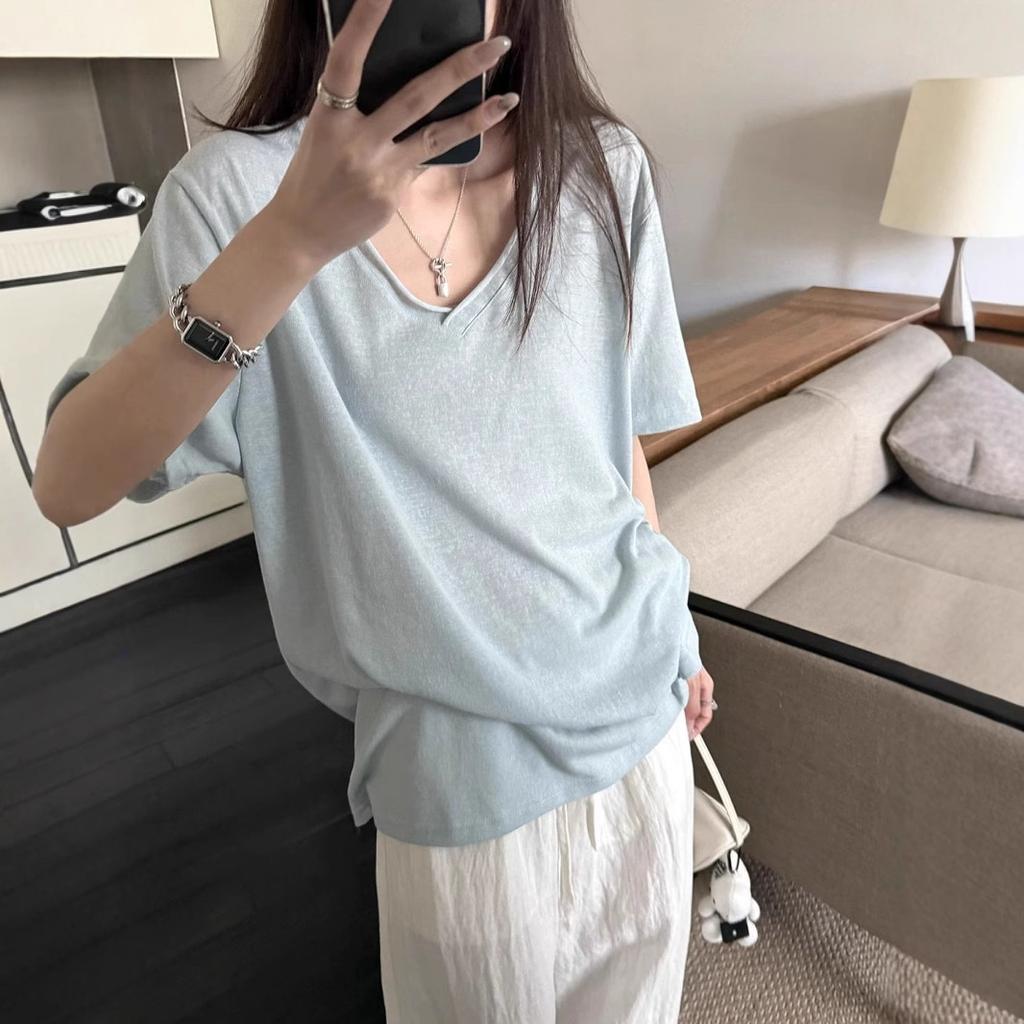 Slack Snowflake Texture Curled V-neck Short-sleeved T-shirt Women's Summer New Lazy Wind Versatile Thin Top