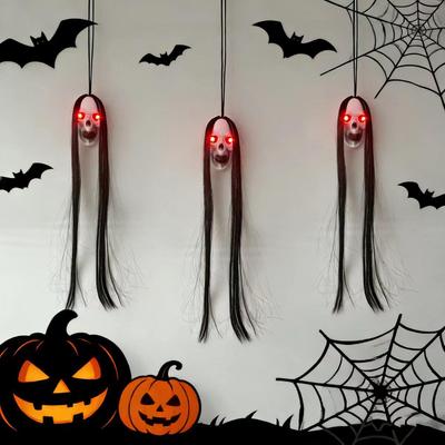 Luminous Skull Long-Hair Hanging Ghost Decoration for Halloween or Escape Rooms