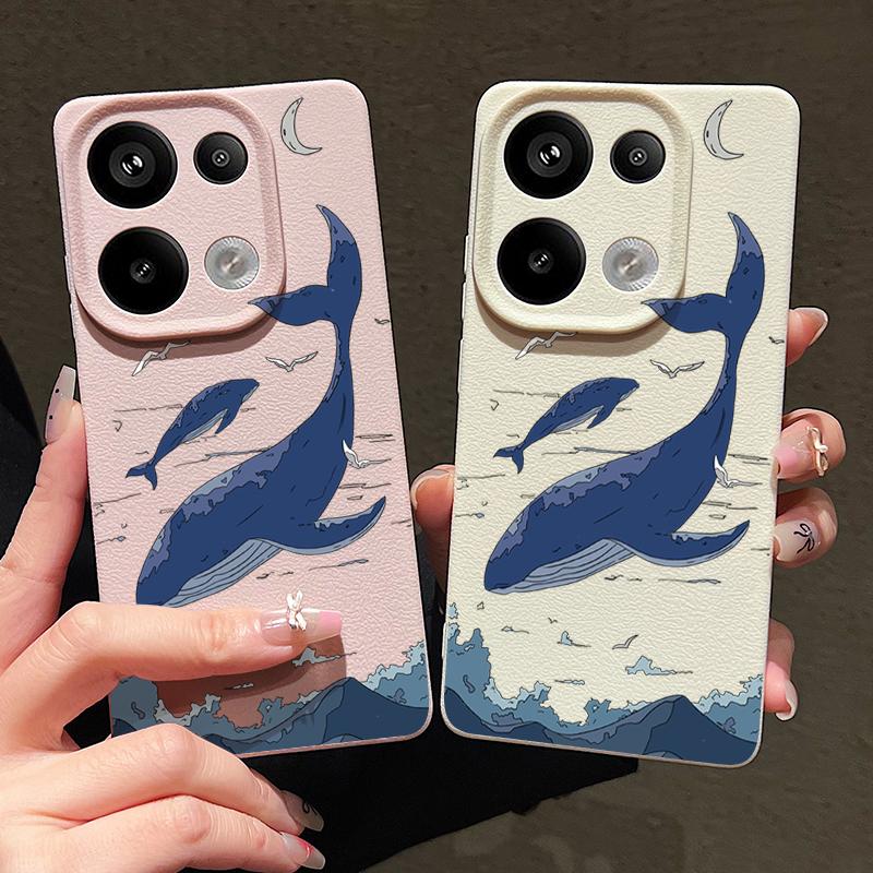 For Xiaomi 13T Pro Poco X7 X6 Redmi Note 14 13 12 11 Case Shell Whale Pattern TPU Leather Texture Matte Soft Shockproof Lens Protection Phone Cover