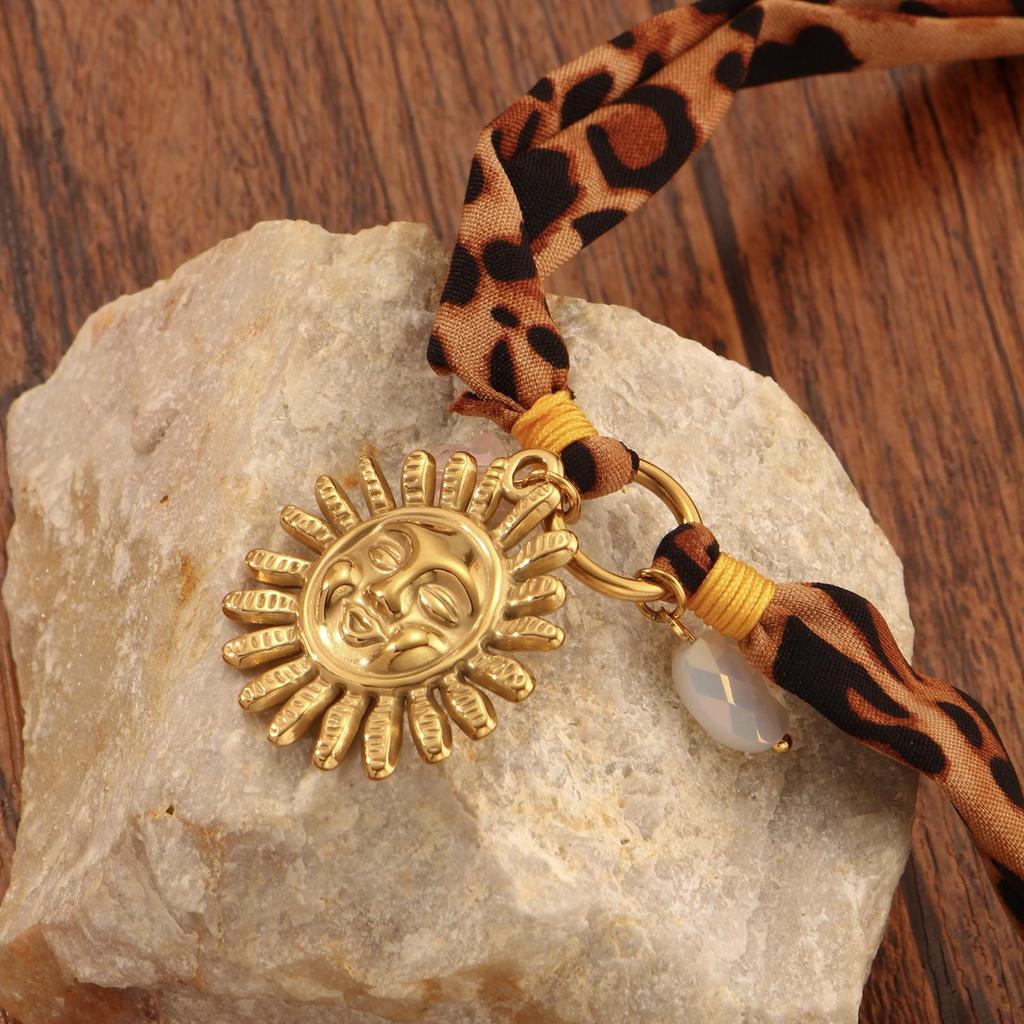 Retro Leopard Silk Scarf with Sun Face Pendant Clavicle Chain for Women