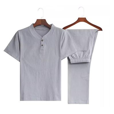 Summer Men's Solid Color Short-sleeved T-shirt V-neck Chinese Style Cotton and Linen Loose Casual Linen Suit