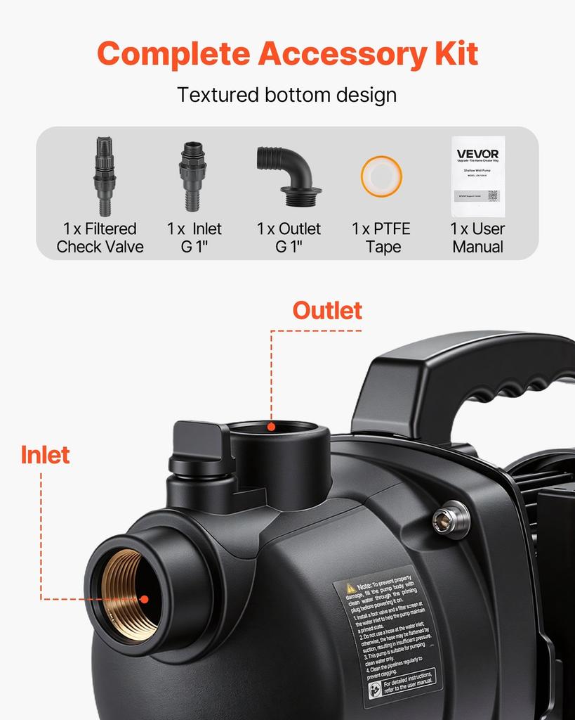 Shallow Well Jet Pump, 800W, 230V 3300 L/H Maximum Flow Rate, PP Garden Well Jet Pump with 8 m Suction Height, Thermal Protection, European Voltage