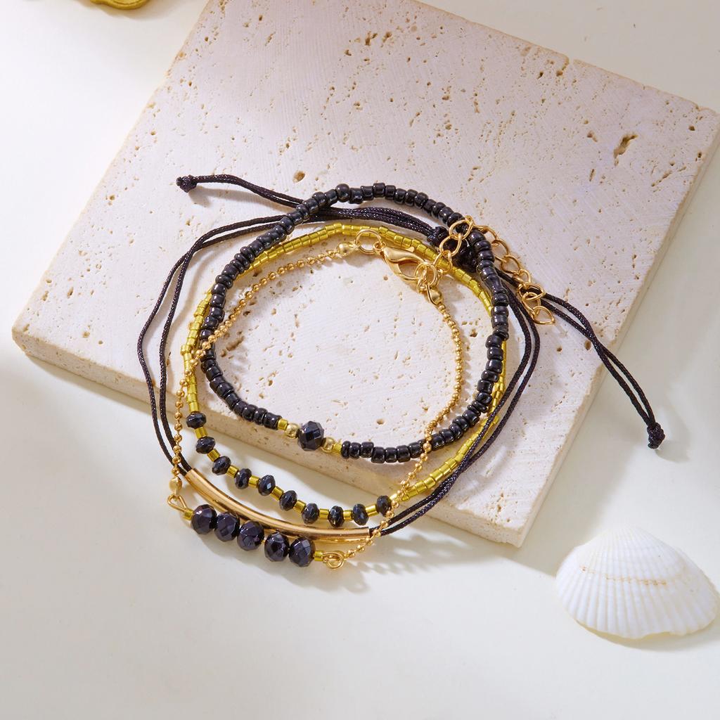 Minimalist Black Rice Beaded Bracelets Set for Women Multilayer Stacked Braided Rope Beads Chain Bracelets Jewelry Accessories
