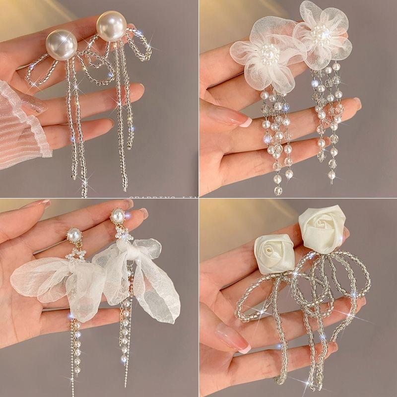 Silver Needle Super Fairy Elegant Bow Flower Stud Earrings French Light Luxury Earrings Literary Style Sweet Versatile Earrings