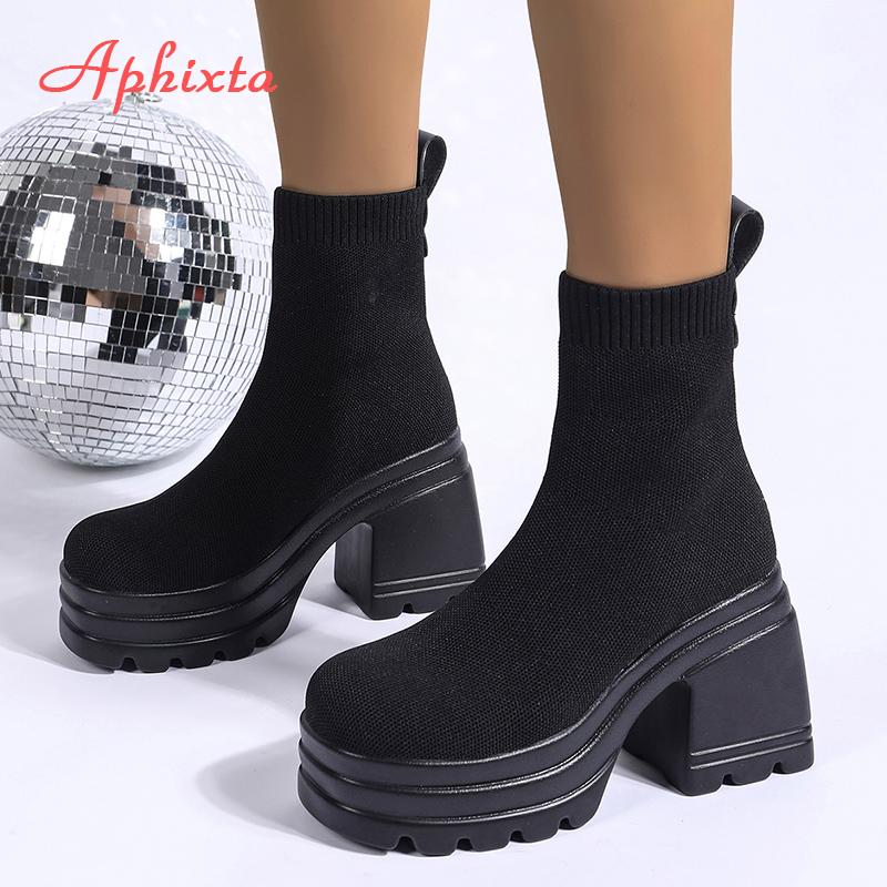 Fashion Aphixta Black Cotton Fabric Breathable Ankle Boots Women High Heel Platform Lady Footwear Shoes Elastoc Women Sock Boots