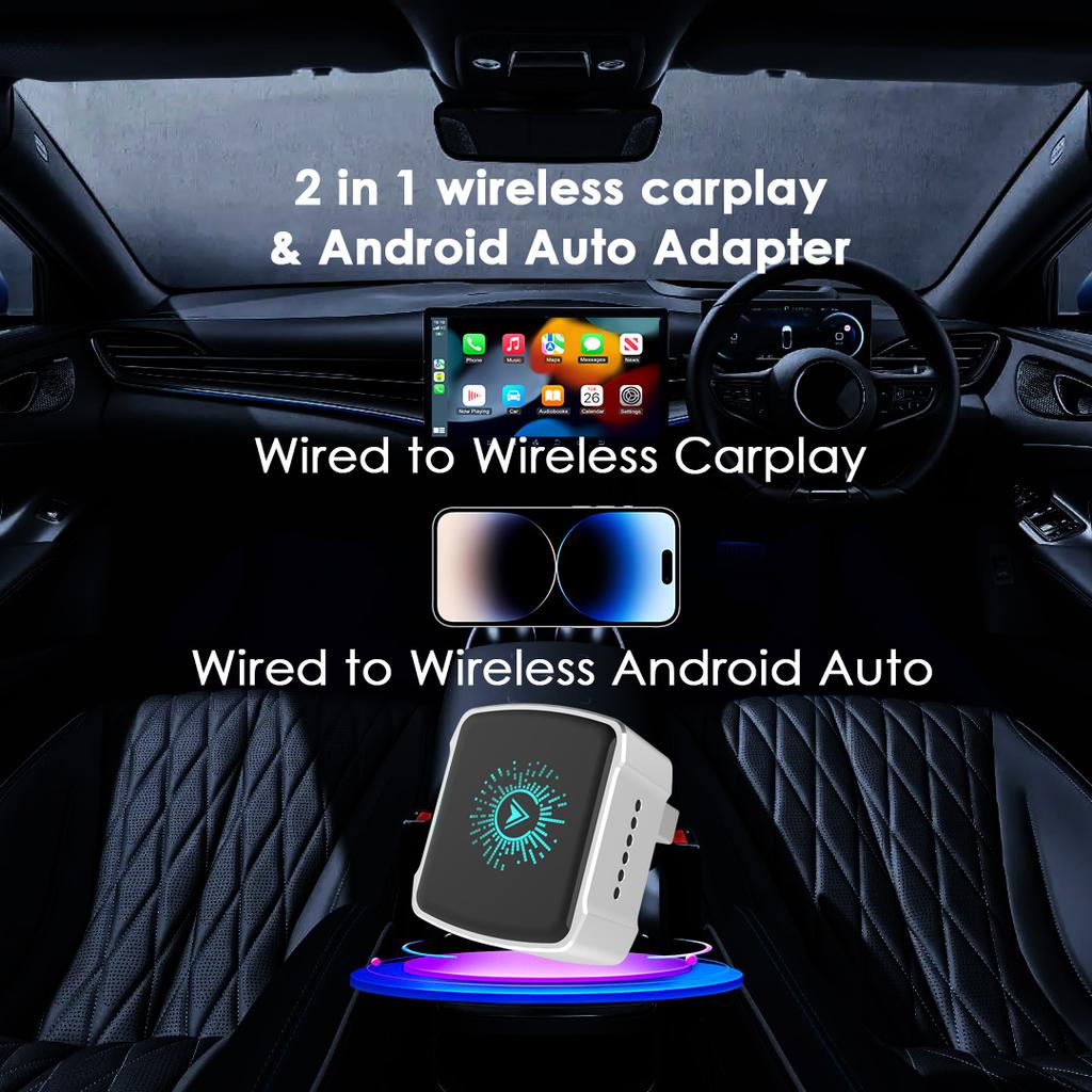 2 IN 1 New Smart Wireless CarPlay Android Auto Adapter Hassle-Free Plug&Play Stable BT WiFi Connect OTA Updates Fit 99% Vehicle