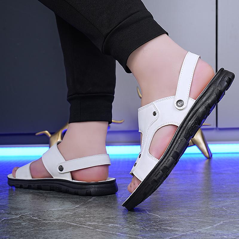 Men White Flats Sandals Summer Brown Wide Head Roman Sandals Retro Black Leather Beach Shoes Plus Size