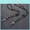 Geometrische Schwarze Obsidian Kreuz Halskette Für Männer Und Frauen Mit Perlenkette Modeaccessoire