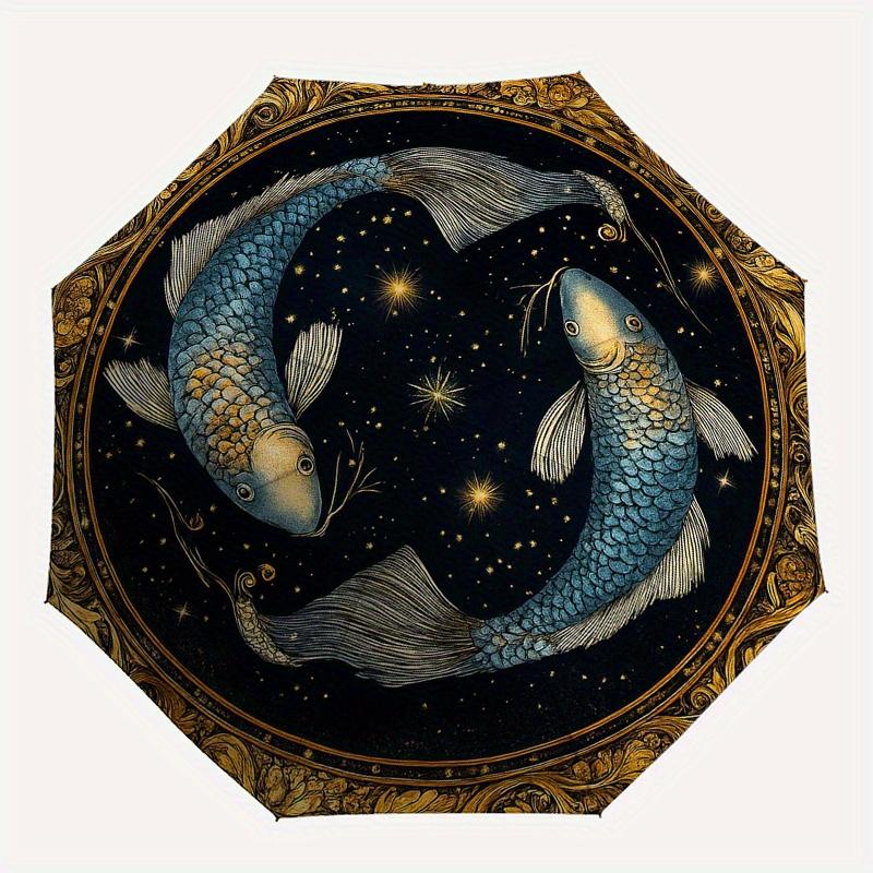 Golden Pisces Zodiac Sign Decorative PlateUmbrella, Portable 3-Fold Compact Umbrella for Men & Women Gift