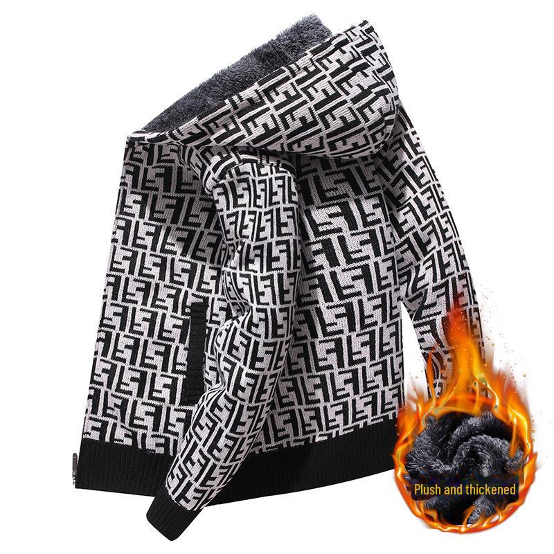 Мужской бархатный кардиган с капюшоном из плотной вязки - Коллекция Осень/Зима 2023 2XL бежевый