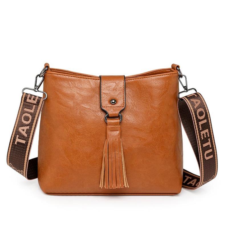 

Ретро сумка через плечо 2025 летняя повседневная сумка-ведро через плечо для женщин сумки-мессенджеры коричневая искусственная кожа кисточка женская сумка коричневый