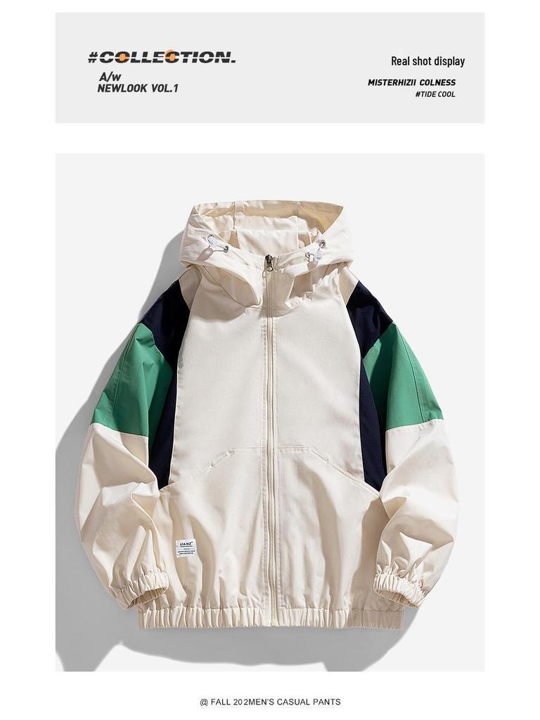 Herren Colorblock Kapuzenjacke - Winddicht, Warm, Lässiger Arbeitskleidungsstil für Frühling & Herbst