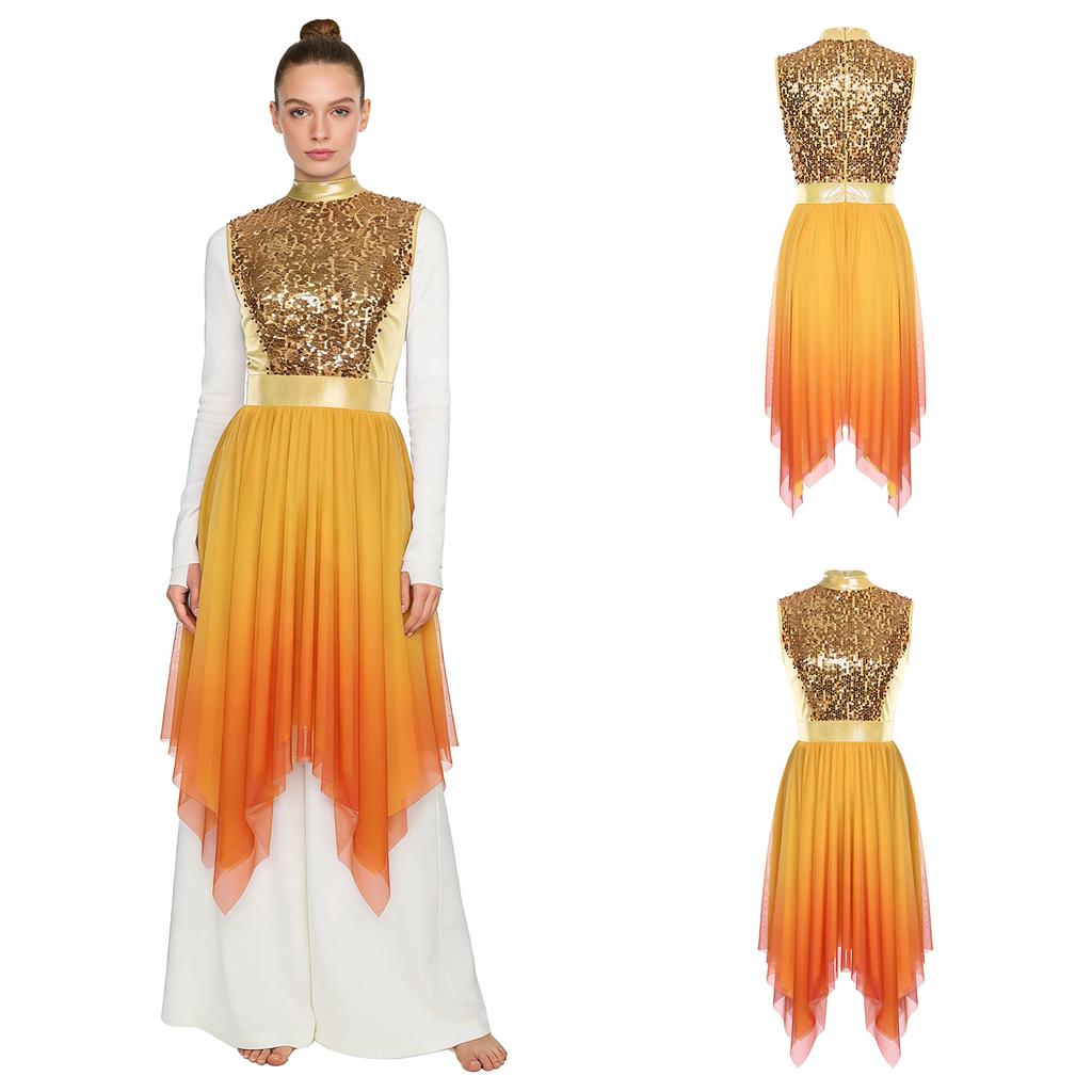 Sleeveless Glittery Sequined Bodice Worship Praise Dance Dress with Gradient Mesh and Irregular Hem for Lyrical Church Stage