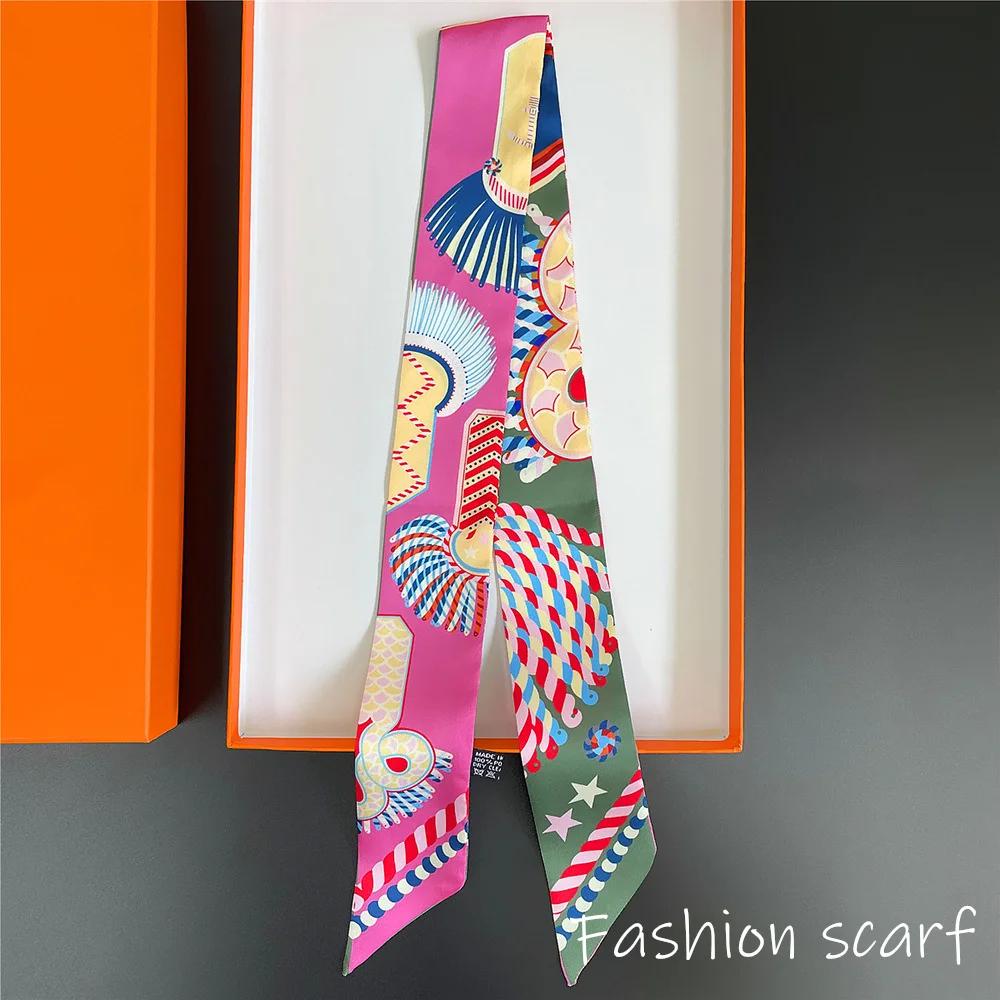 Korean Spring New Chain Buckle Decoration Ribbon Small Scarf Women Twill Tied Bag Handle Ribbon Hair Band Souvenir Small Scarf