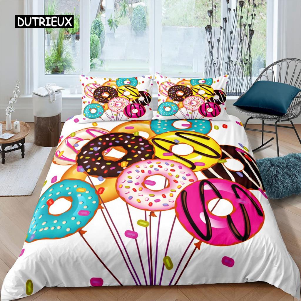Donut Bettbezug-Set Dessert Lebensmittel Thema Bettdeckenbezug Bunter Druck 2/3-teilig Doppel Queen King Size Bettwäscheset für Kind Mädchen