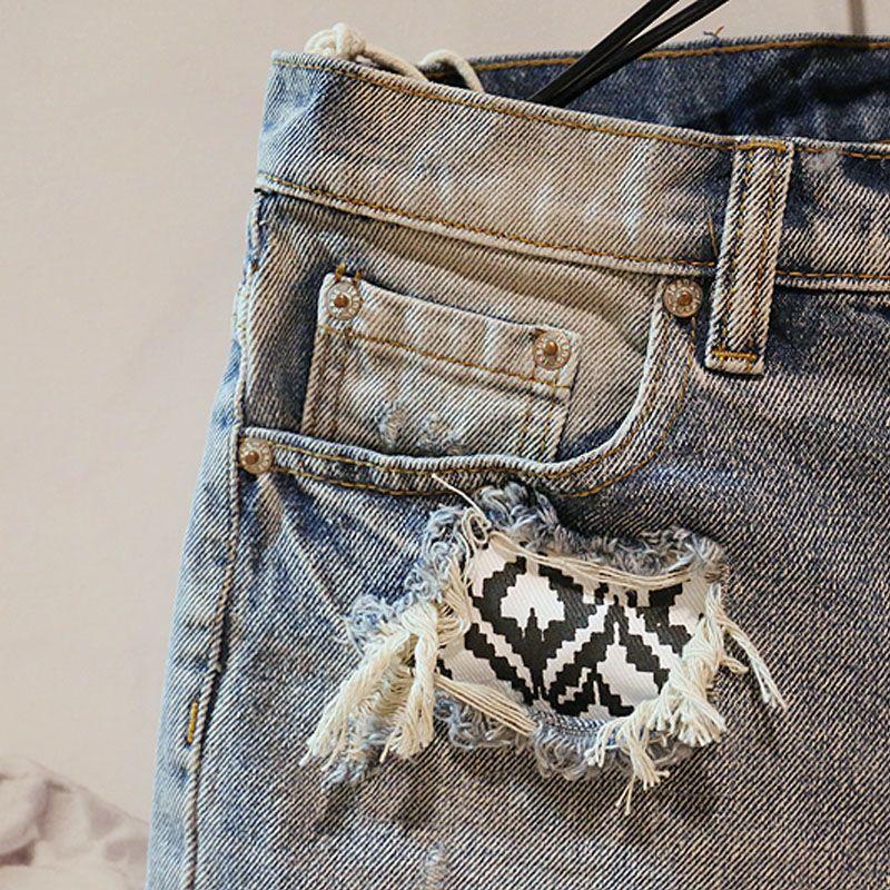 Pantaloncini di Jeans Uomo Retro Estivi con Testo Ricamo Strappato Pantaloni Jeans Corti per Uomo