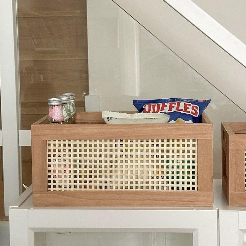 Retro Solid Wood Storage Box Desktop Rattan Basket Book Snacks Fruit Cosmetics Organizer Boxes Home Bathroom Kitchen Basket