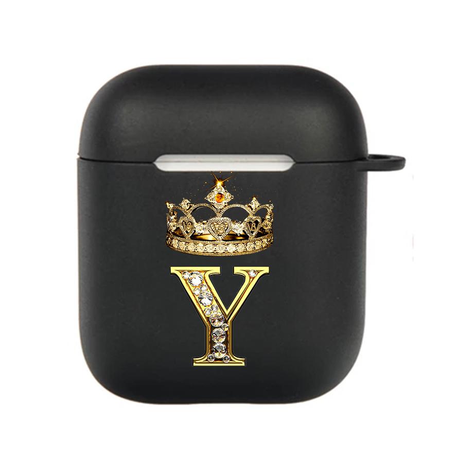Diamond Crown Letter 26 With Hook Case For AirPods 2 3 1 Cases For Apple AirPods Pro 2 Coque Black TPU Soft Earphone Cover