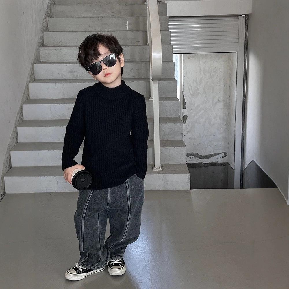 Boys Thick Fleece-Lined Half Turtleneck Solid Knit Base Layer Top for Winter