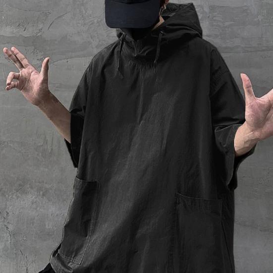 Hooded Half Sleeve Pullover Top Soft Large Pockets Loose Men T-shirt Streetwear