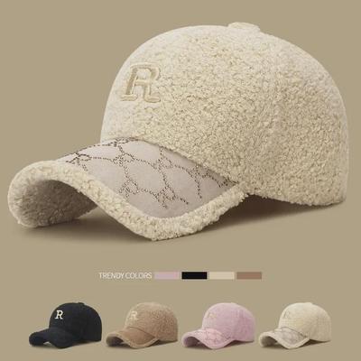 Embroidered R Logo Teddy Velvet Baseball Cap with Diamond Accents