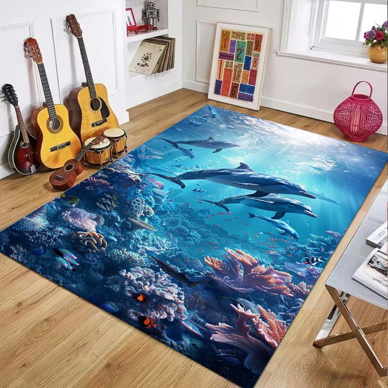 2D Underwater Ocean Area Rug Jellyfish Dolphin Turtle Sea Life Decorative Floor Mat for Living Room Bedroom Home Decor