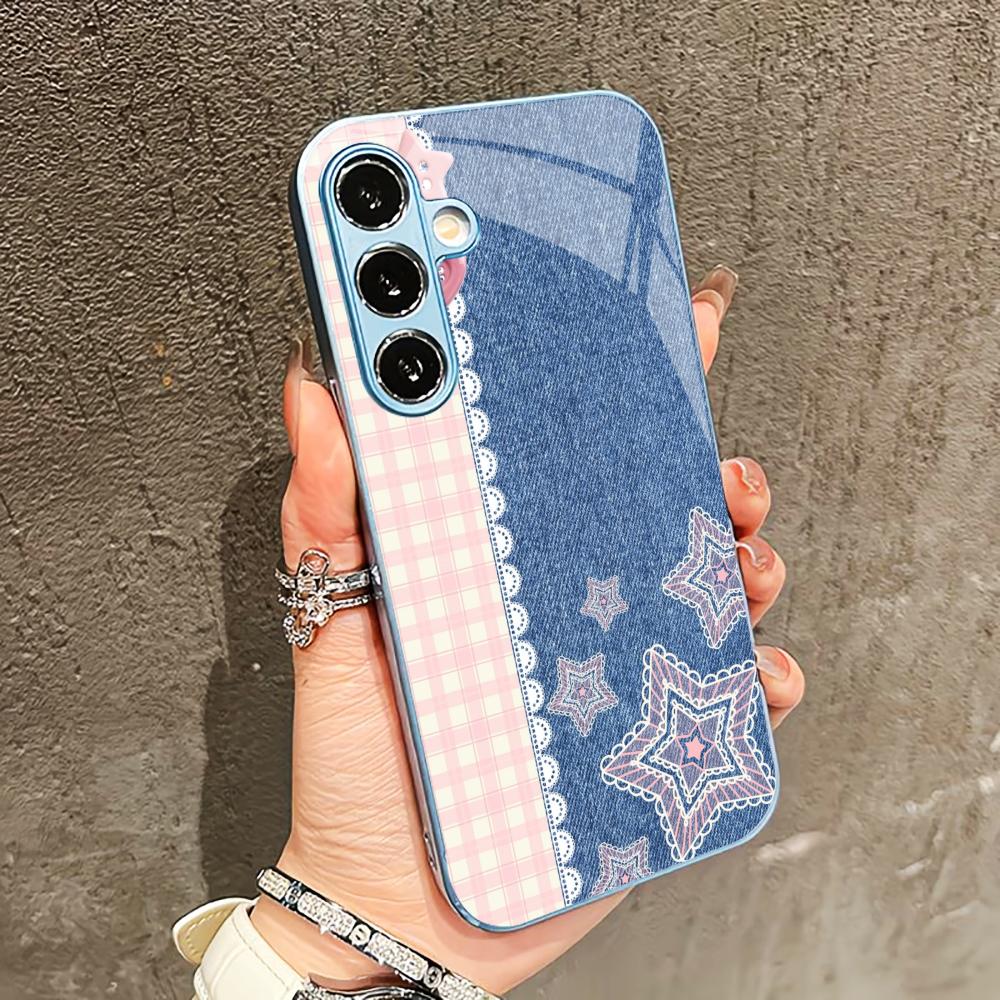 Pink and blue stars PhoneCase for Samsung Galaxy S26 S25 S24 S23 S22 FE Ultra Plus Built-in glass feel bare machine Men women