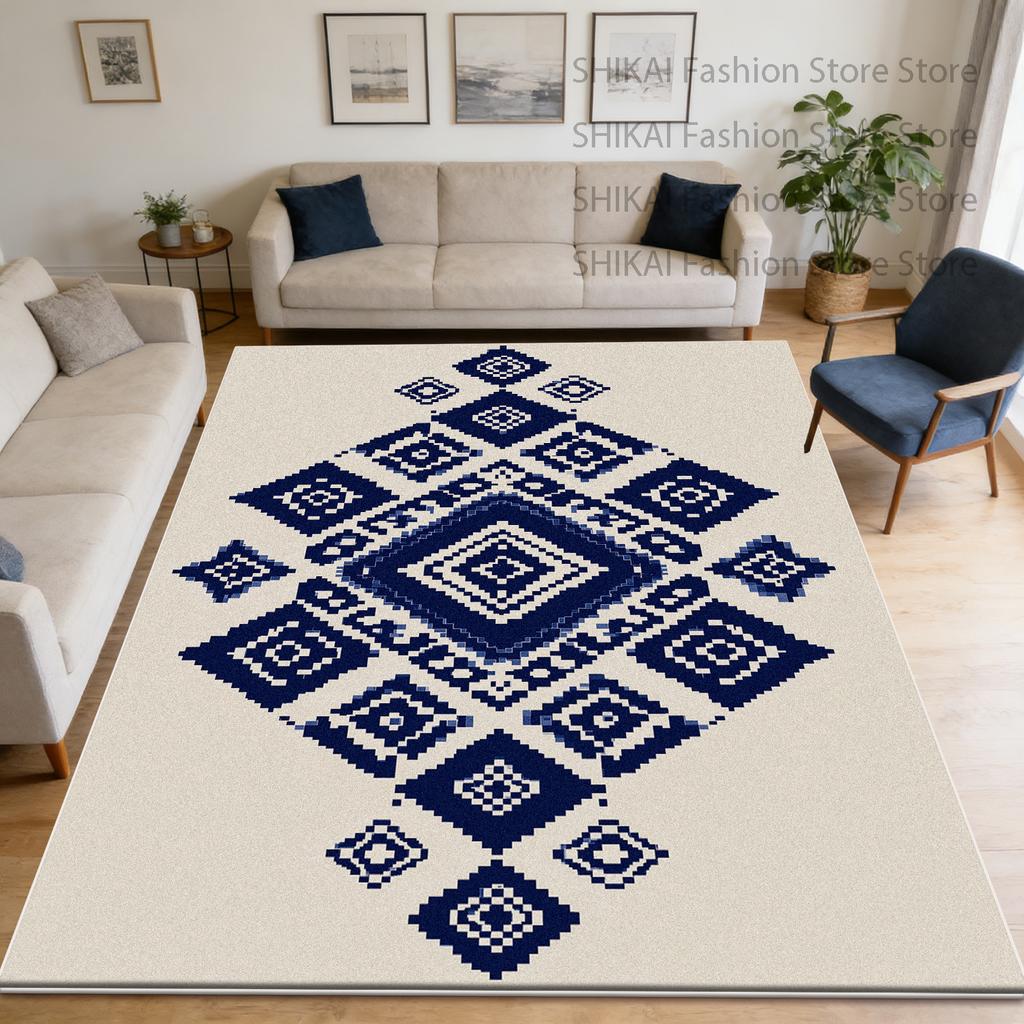 Blue Modern Geometric Style Big Living Room Rug Decoration Laundry Room Antiskid Fluffy Carpet Easy Clean Short Velvet Floor Mat