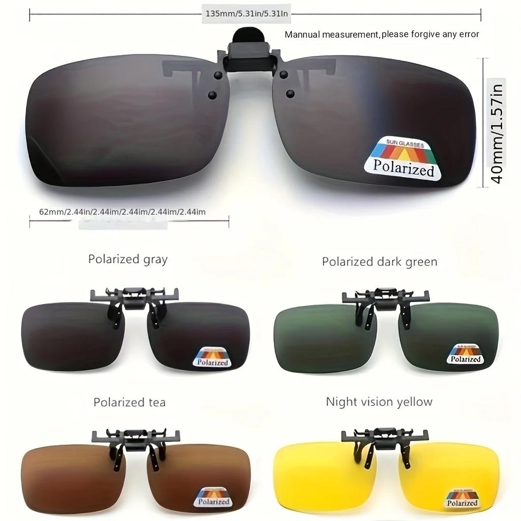 A pair of stylish four-piece flip-on polarized night vision sunglasses with an anti-glare mirror coating, ideal for driving.