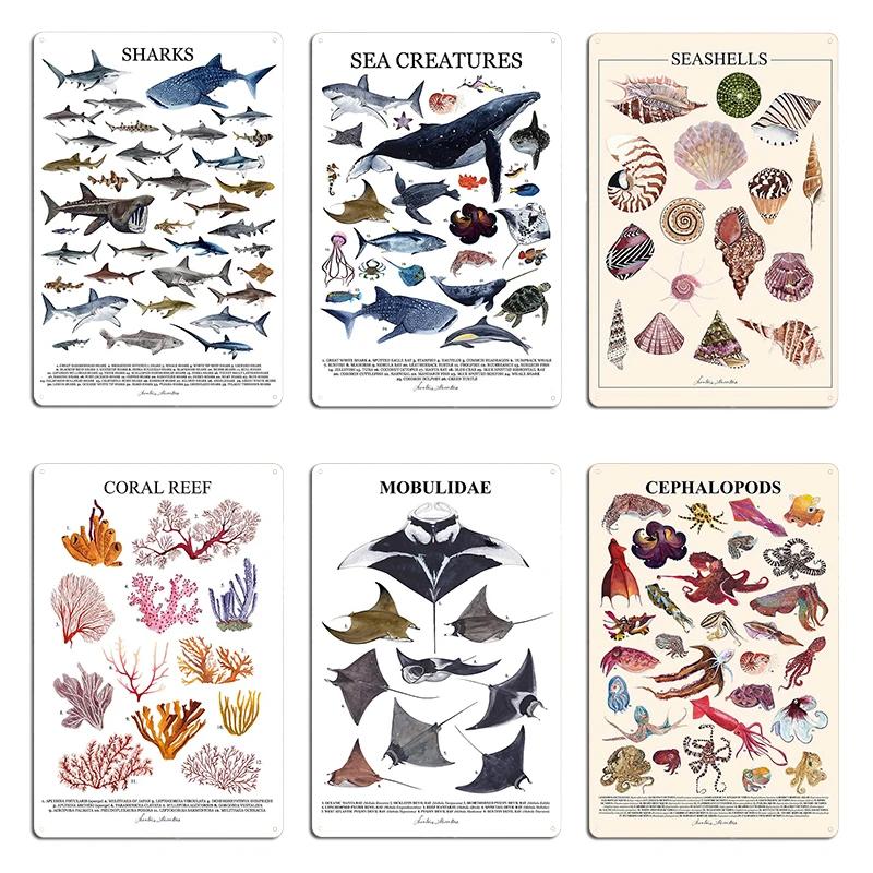 SEASHELLS SEA CREATURES SHARKS Poster with Names Metal Sign Cinema Decoration Pub Plaques Tin Sign Poster