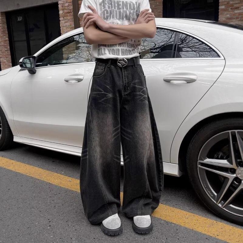 Men's American Retro Washed Black Wide-Leg Scimitar Jeans