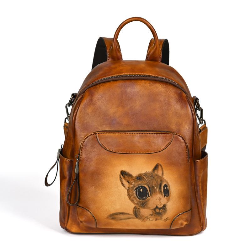 Top Grain Cowhide Retro Large Capacity Women's Backpack, Vegetable Tanned Leather Shoulder Bag, Handmade and Practical.