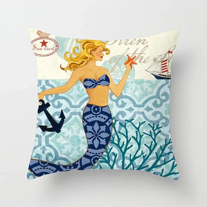 45X45CM Retro Mediterraner Ozean Druck Blau Grün Kissenbezug Heiß Meerjungfrau Fisch Kissenbezug Sofa Sitz Wohnzimmer Dekokissen
