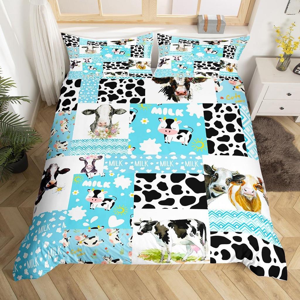 Cartoon Farmhouse Duvet  Cover Set Queen King Size Cute Cow Farm Animal Bedding Set 3 Piece Set with 2 Pillowcases No Quilt