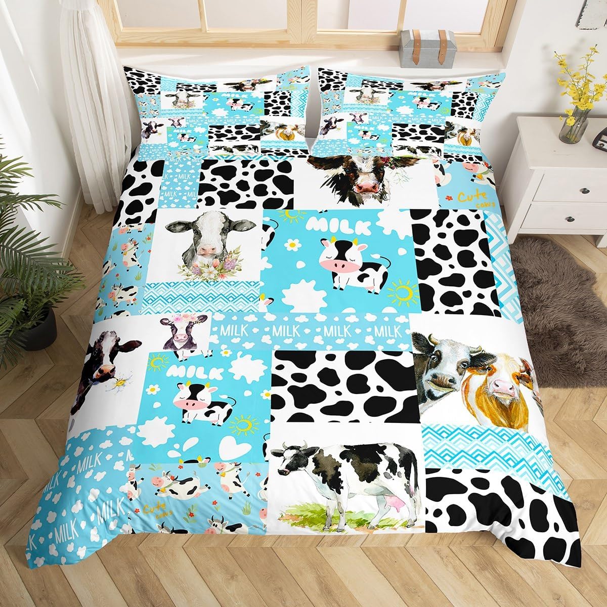 

Cartoon Farmhouse Duvet Cover Set Queen King Size Cute Cow Farm Animal Bedding Set 3 Piece Set With 2 Pillowcases No Quilt EU Single(135x200cm)