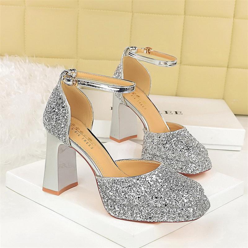 One-Strip Wedding Shoes Square Toe Shallow Mouth Waterproof Platform Thick Heel Super High Heel Sequin Sandals Fashion Elegant