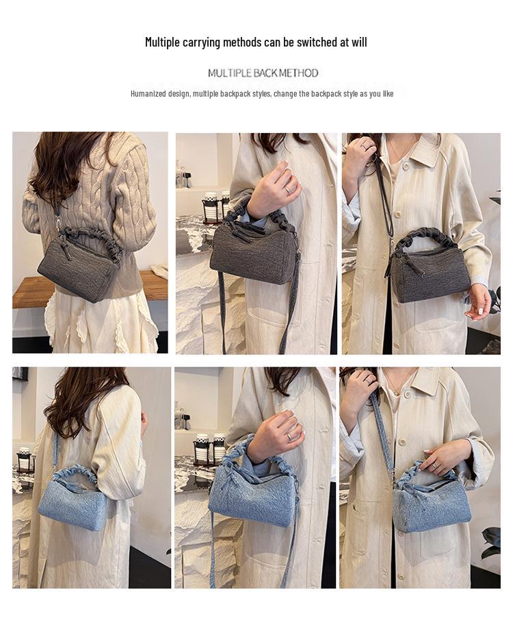 Korean Style Chic Denim Pleated Embroidered Crossbody Bag for Women