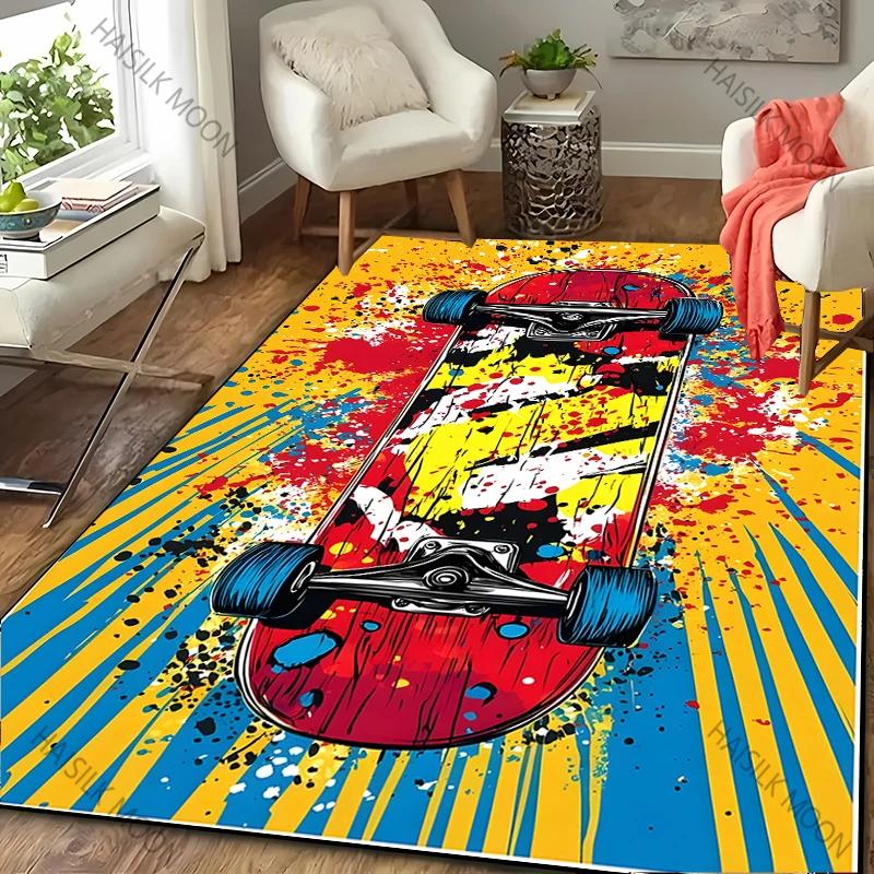 1 Stück Junge Mode Skateboard Print Bereichsteppich, Teppich für Zuhause Wohnzimmer Kinderzimmer Sofa Dekor, Kinder Spiel Rutschfeste Bodenmatte