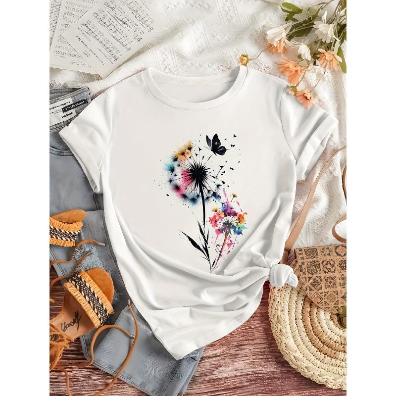Womens White Vibrant Dandelion Butterfly Print Tee New Creative Design Round Neck Comfortable Short Sleeve Outdoor Casual Stylish Everyday Top