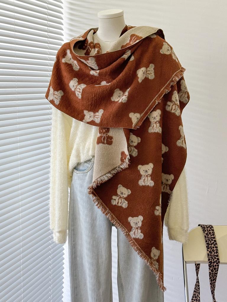 Women's Luxury Faux Cashmere Shawl Cute Teddy Bear Print Winter Wrap with Tassels Pashmina Bandana Style for 