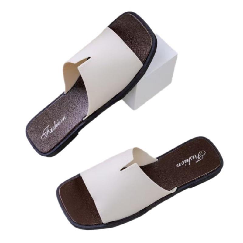 Summer temperament cool slippers women's new square-headed open-toed simple flat-bottomed casual one-word slippers
